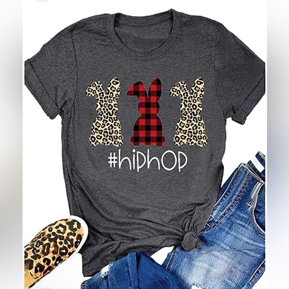 Women’s Leopard & Plaid Print Easter Bunny T-shirt #hiphop Size XL - Picture 9 of 9